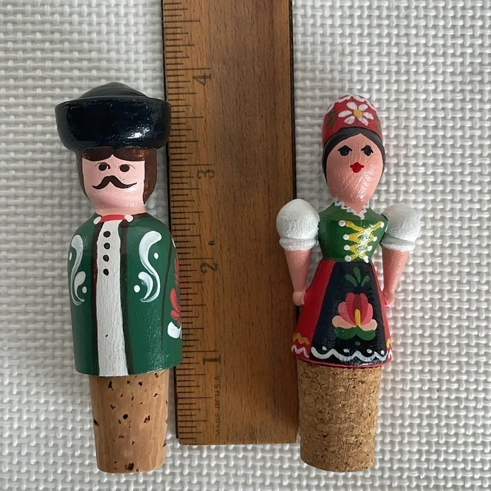 Vintage Hand Carved Wooden Wine Stopper Set of 2 Folk Art Hand Painted EUC